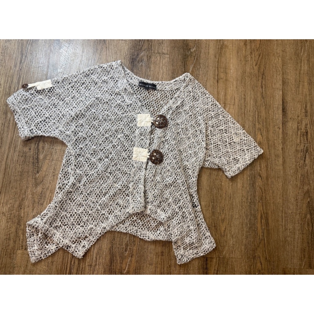 Mirror Image Open Knit Cardigan Top Small Boho Wooden Button Crochet Neutral